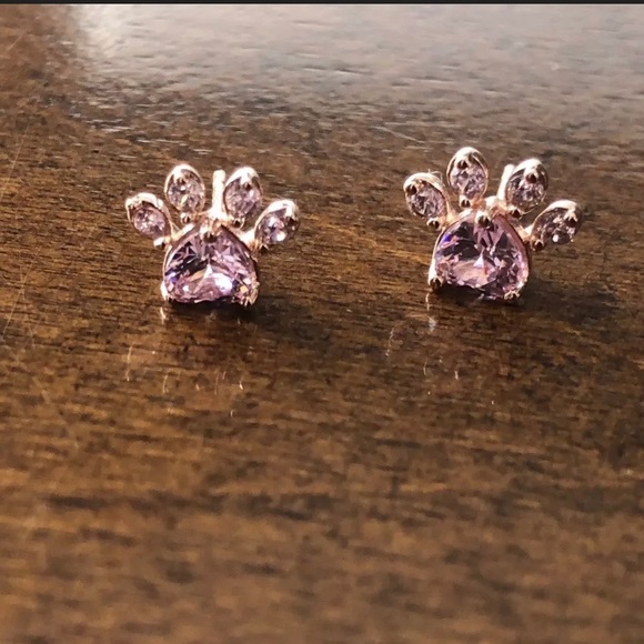 Rose Gold Pink Heart Paw Print Earrings - Picture 3 of 4